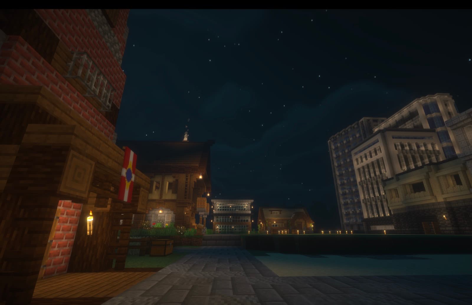Cadeau after dark, along the water.
