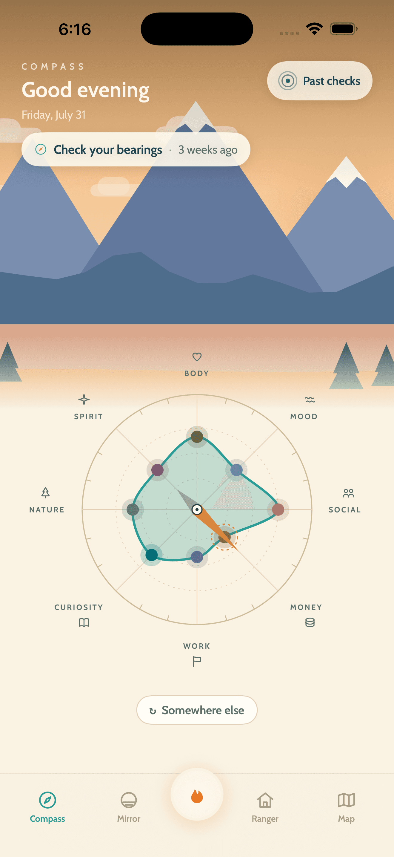Compass's home screen — a painted valley above a compass rose showing eight directions