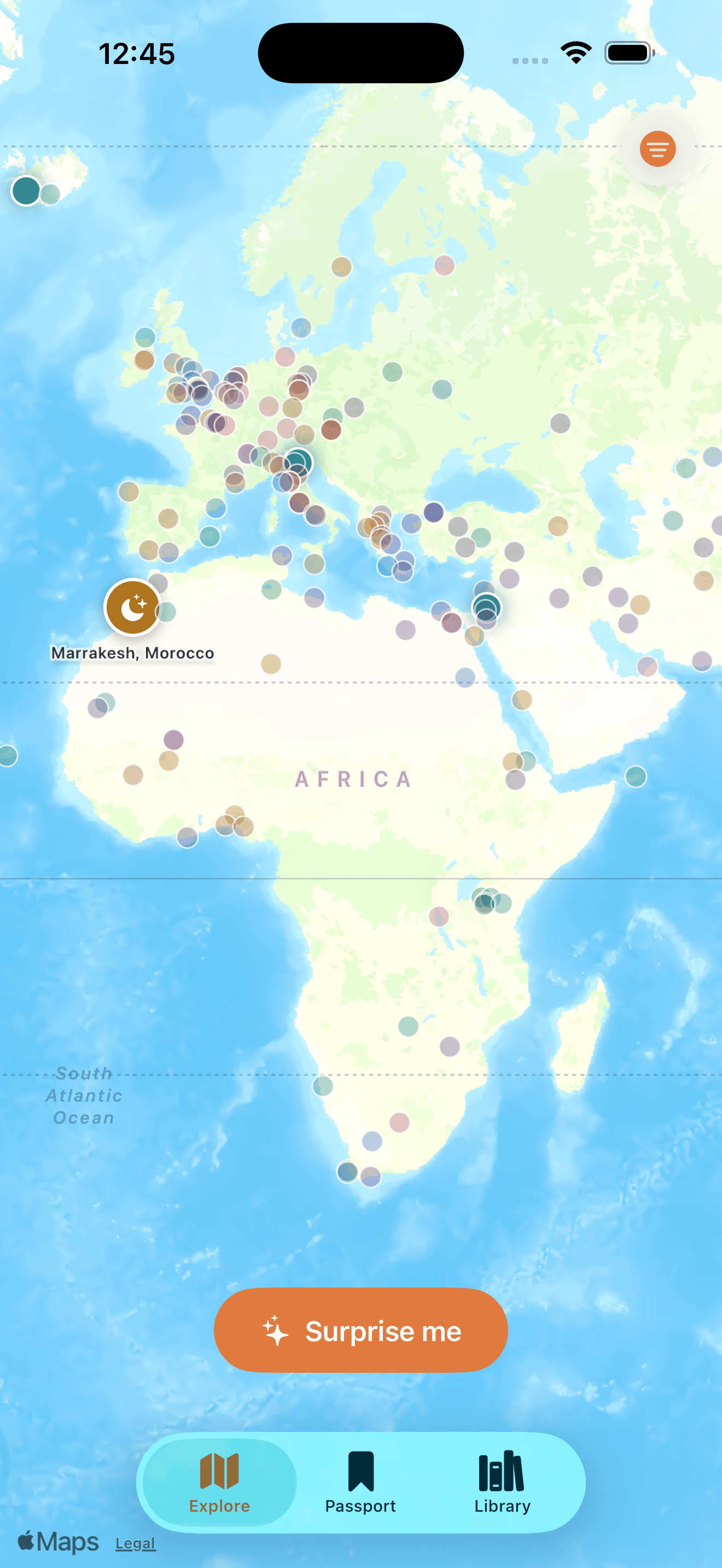Everywhen's Explore map, with a story lit up