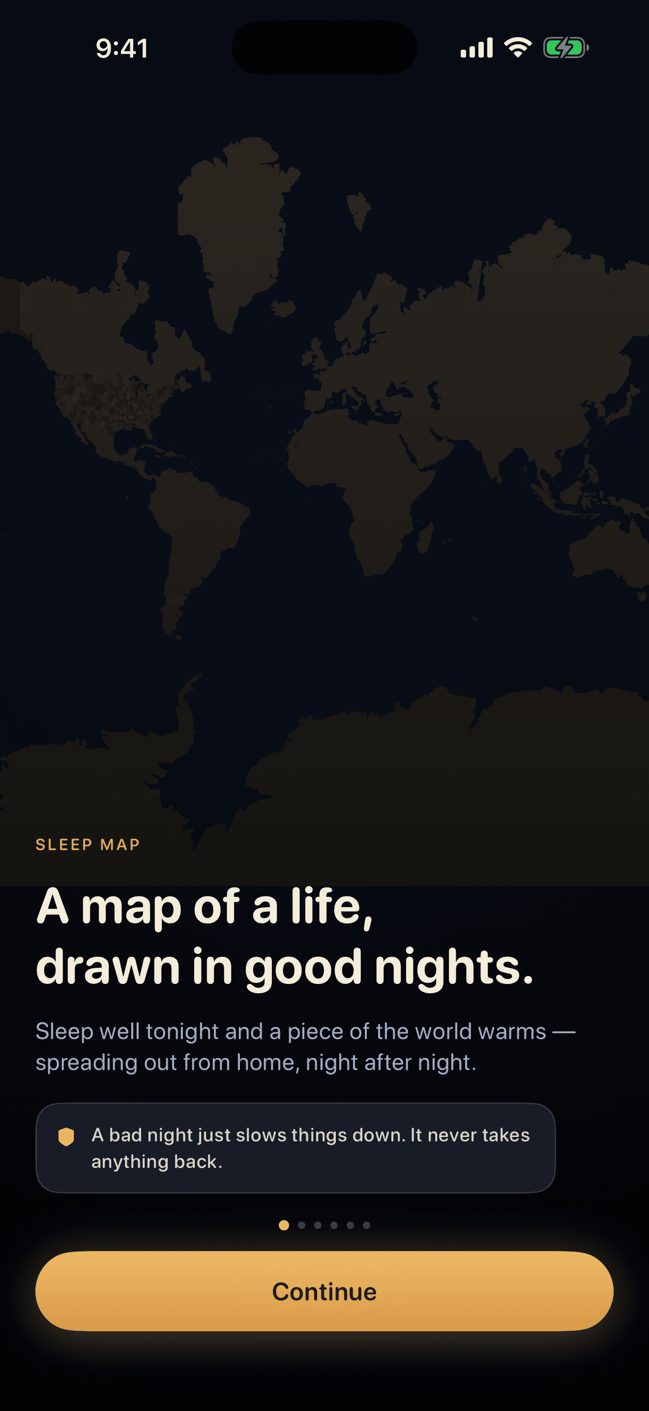 Sleep Map's opening screen — a map of a life, drawn in good nights