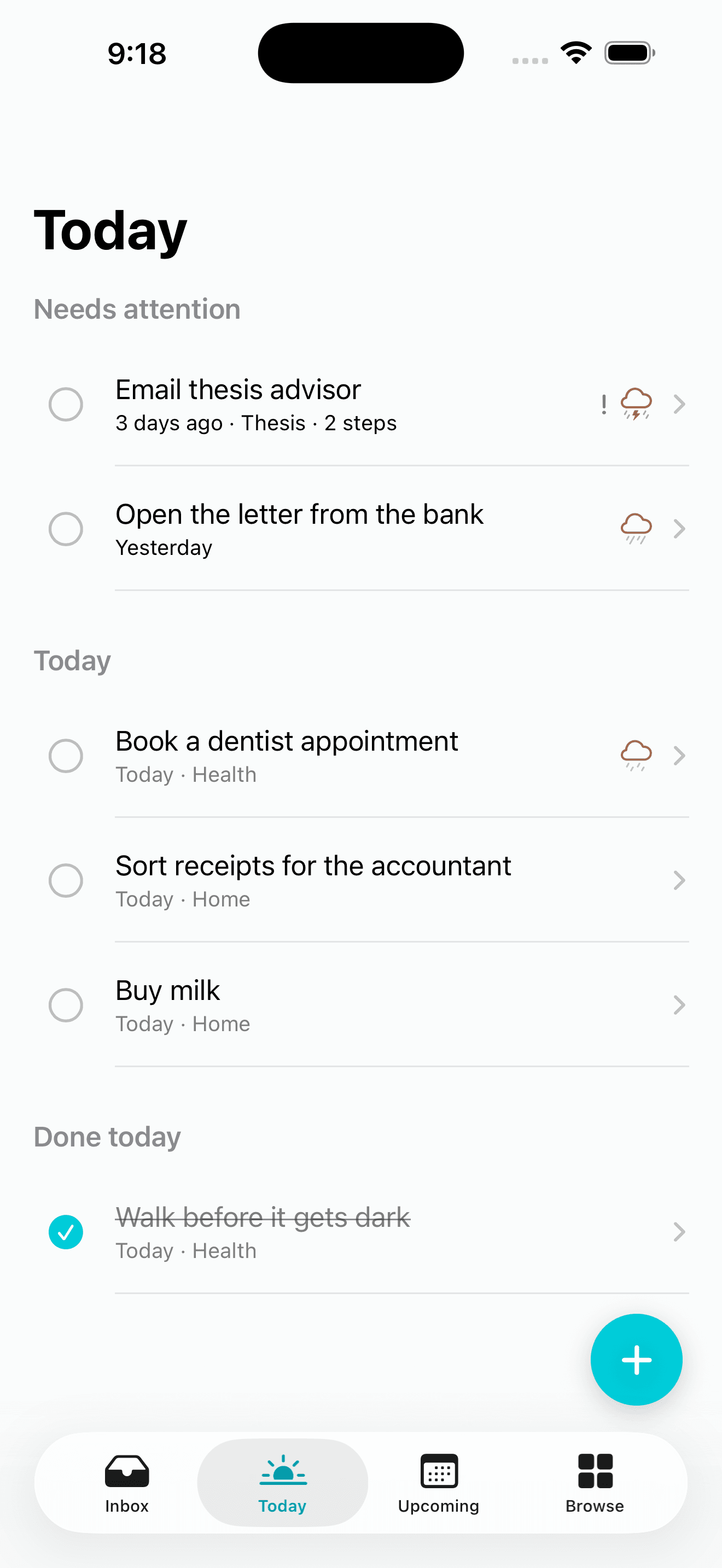 Untwine's Today screen — a task list with a weather glyph showing how hard each task feels