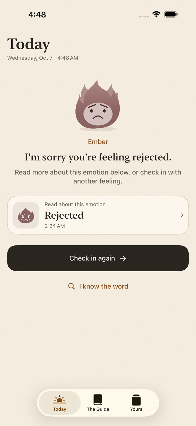 The Today screen: Ember responds with empathy to feeling rejected
