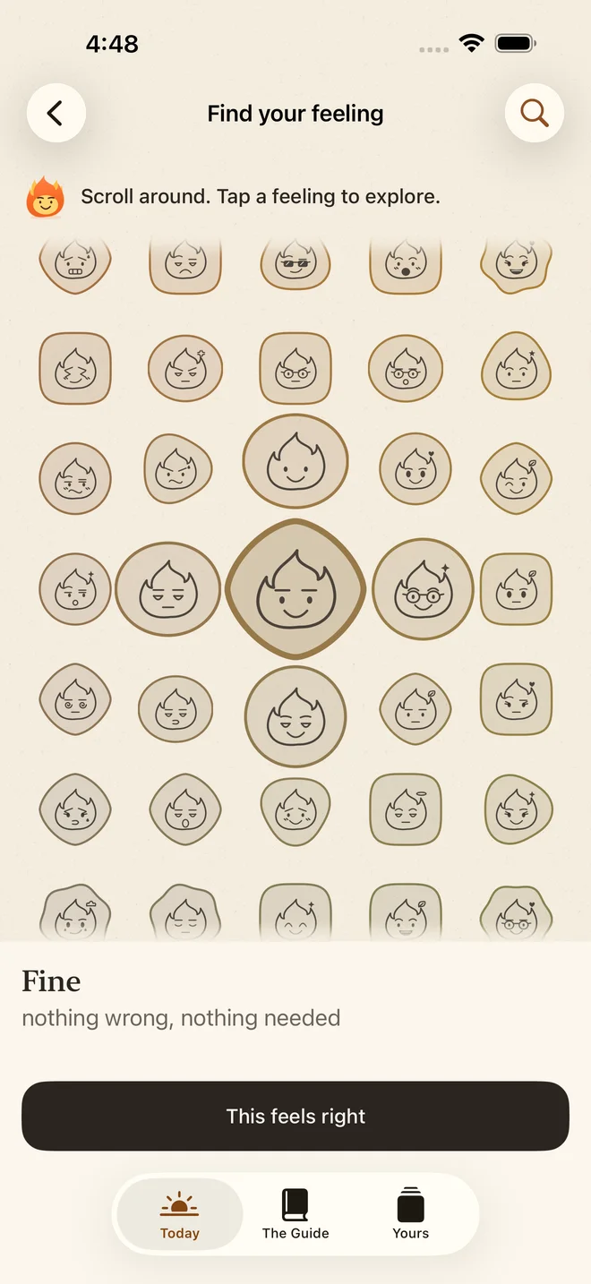 Find a word among 256 expressive flame faces.