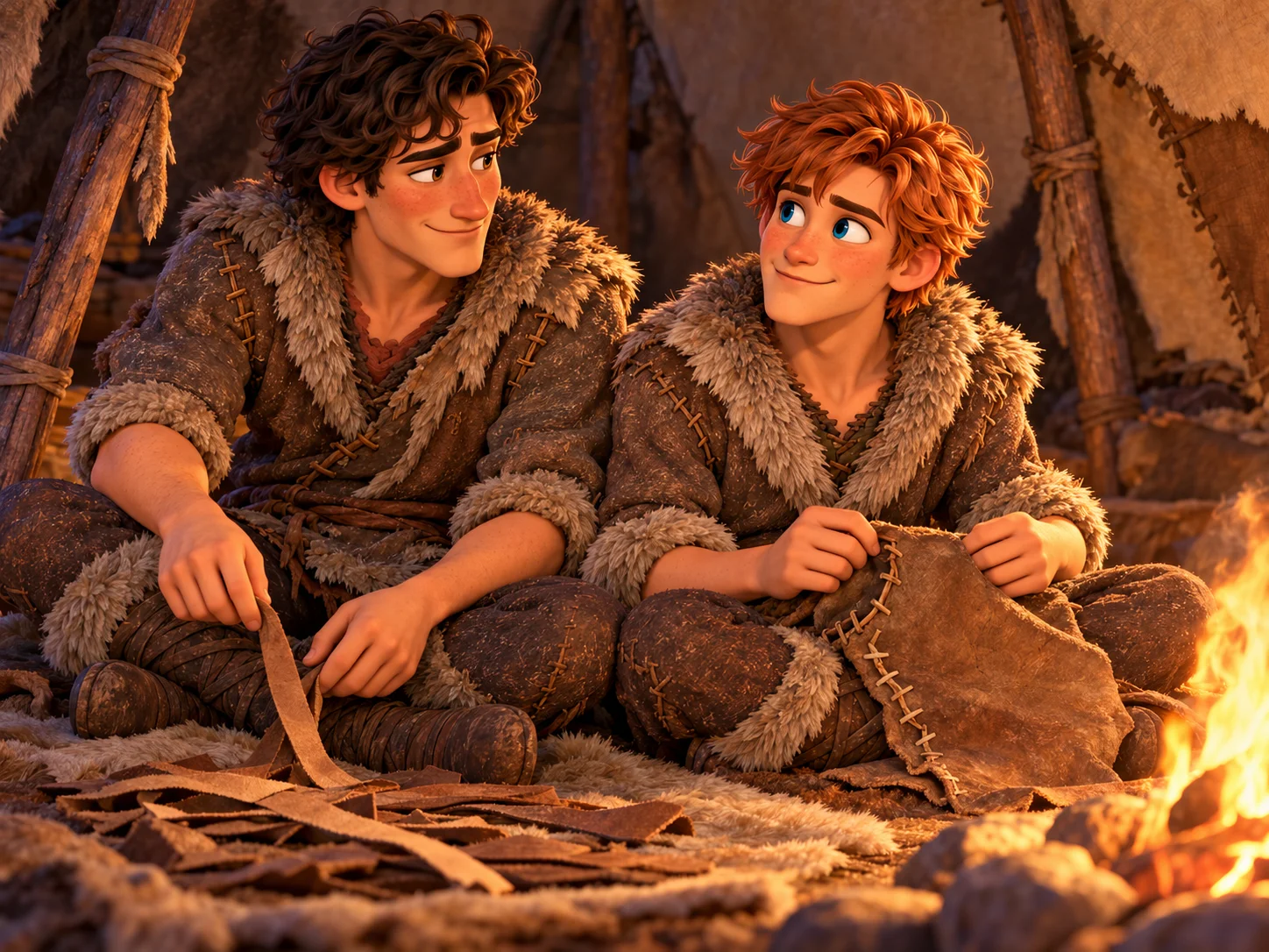 Two people sharing a quiet moment beside a fire, from the illustrated feeling Loved