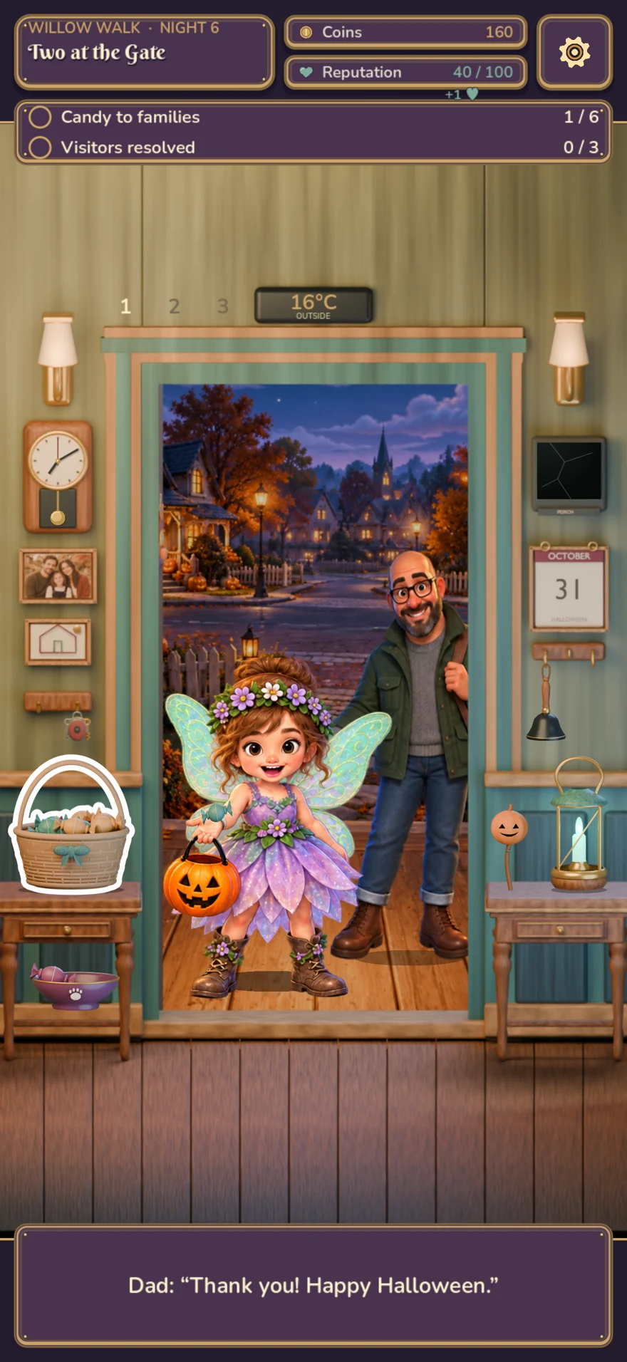 A fairy-costumed child and her father receiving candy on the porch