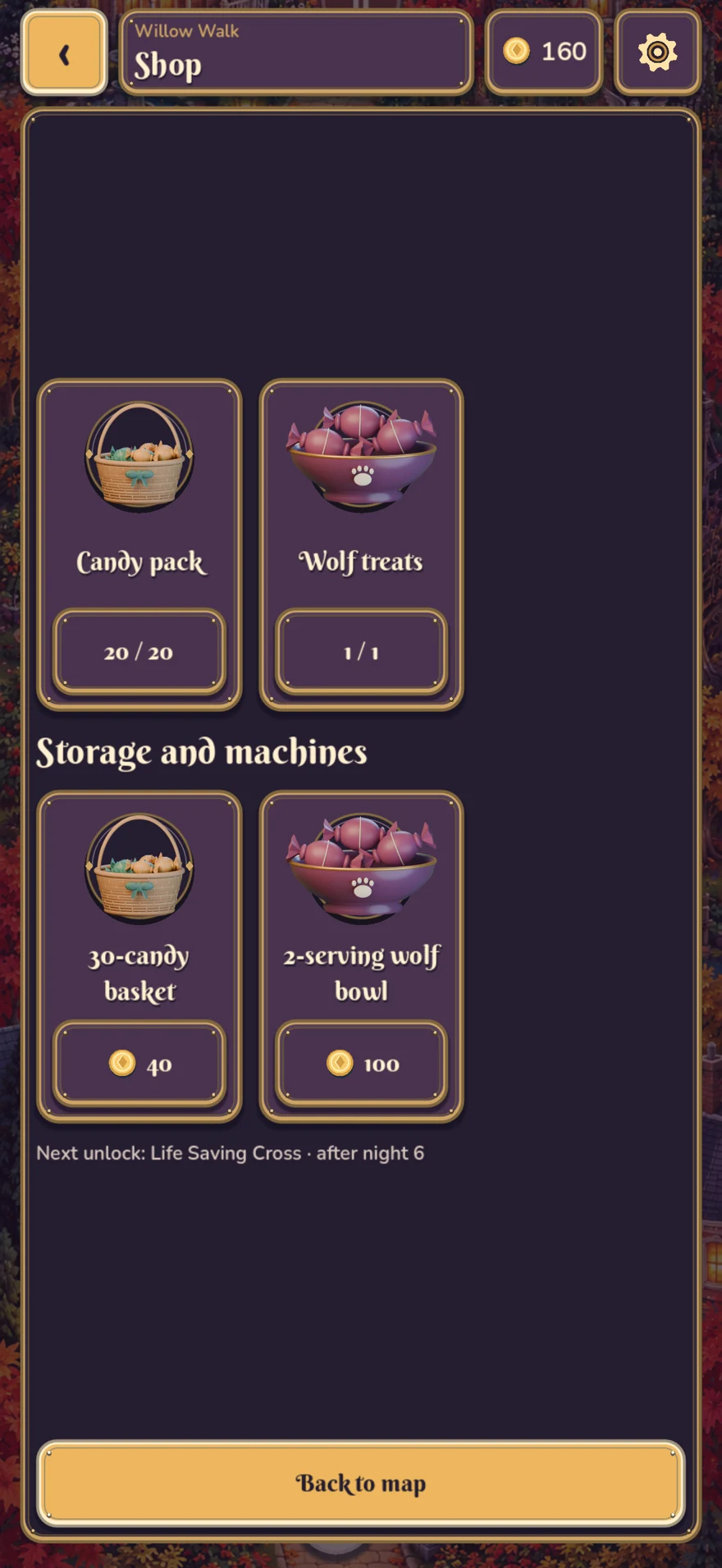 The in-game shop showing candy, wolf treats, and capacity upgrades