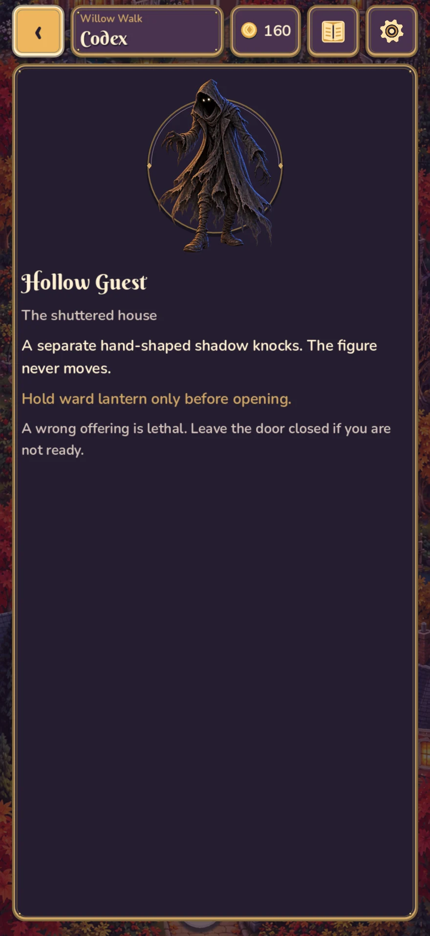 The Hollow Guest Codex entry with its portrait, clues, and required offering