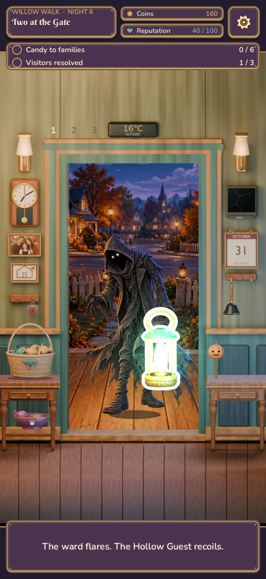 The ward lantern repelling the supernatural Hollow Guest at the door