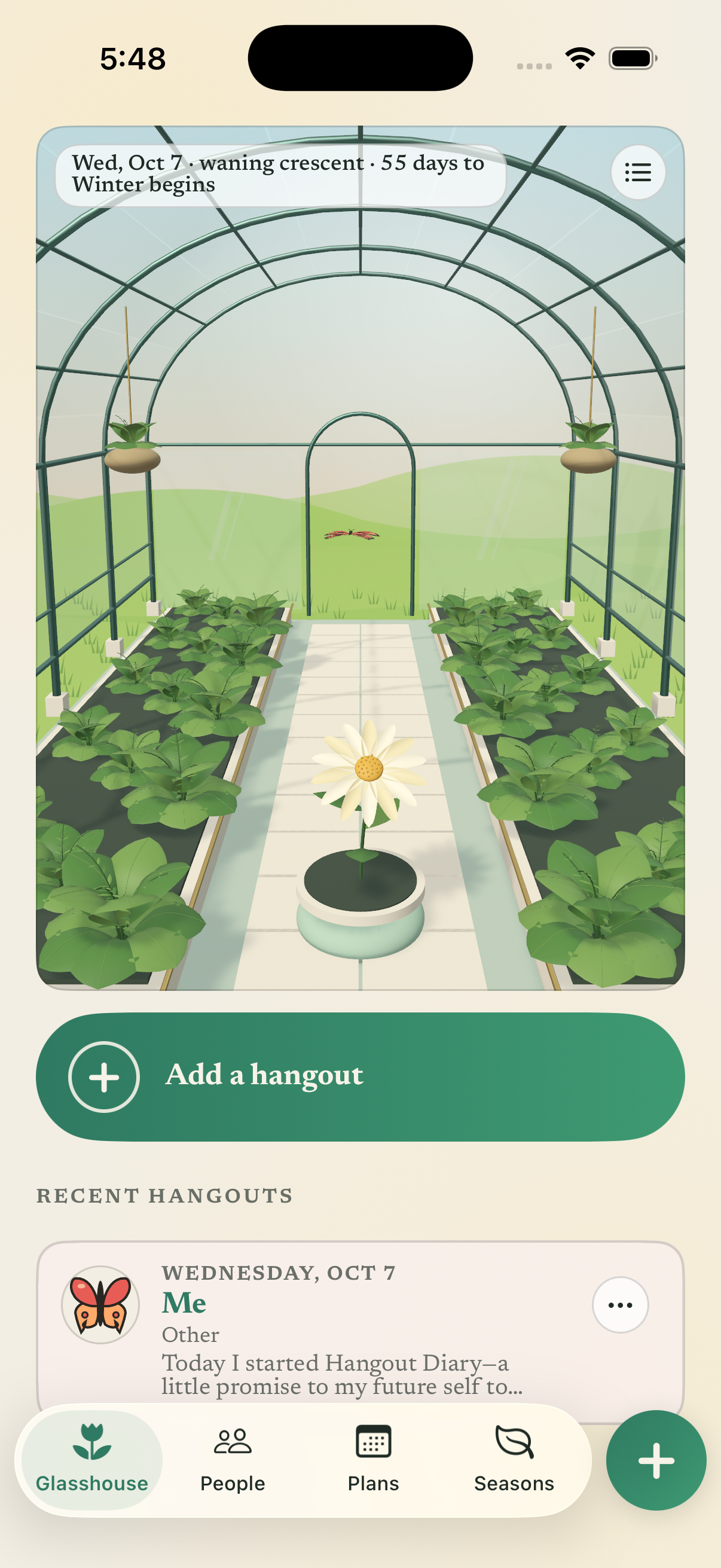 Hangout Diary on iPhone: a sunlit greenhouse with a flower, a butterfly, and a saved first memory.