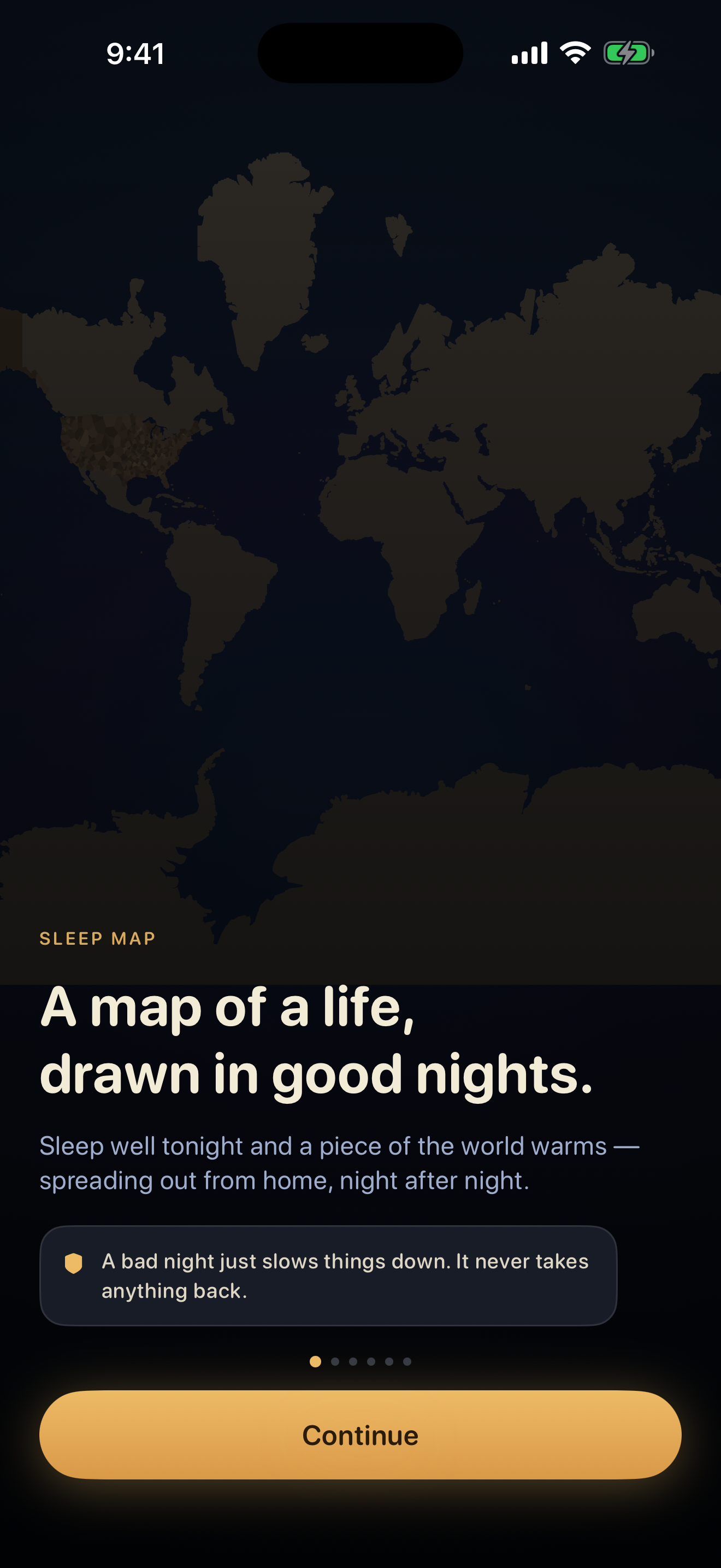Sleep Map's opening screen — a map of a life, drawn in good nights